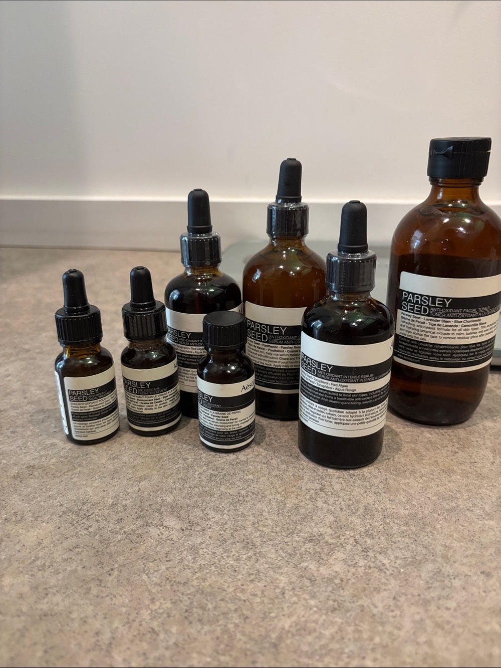 Various Aesop parsley seed toner serum treatment